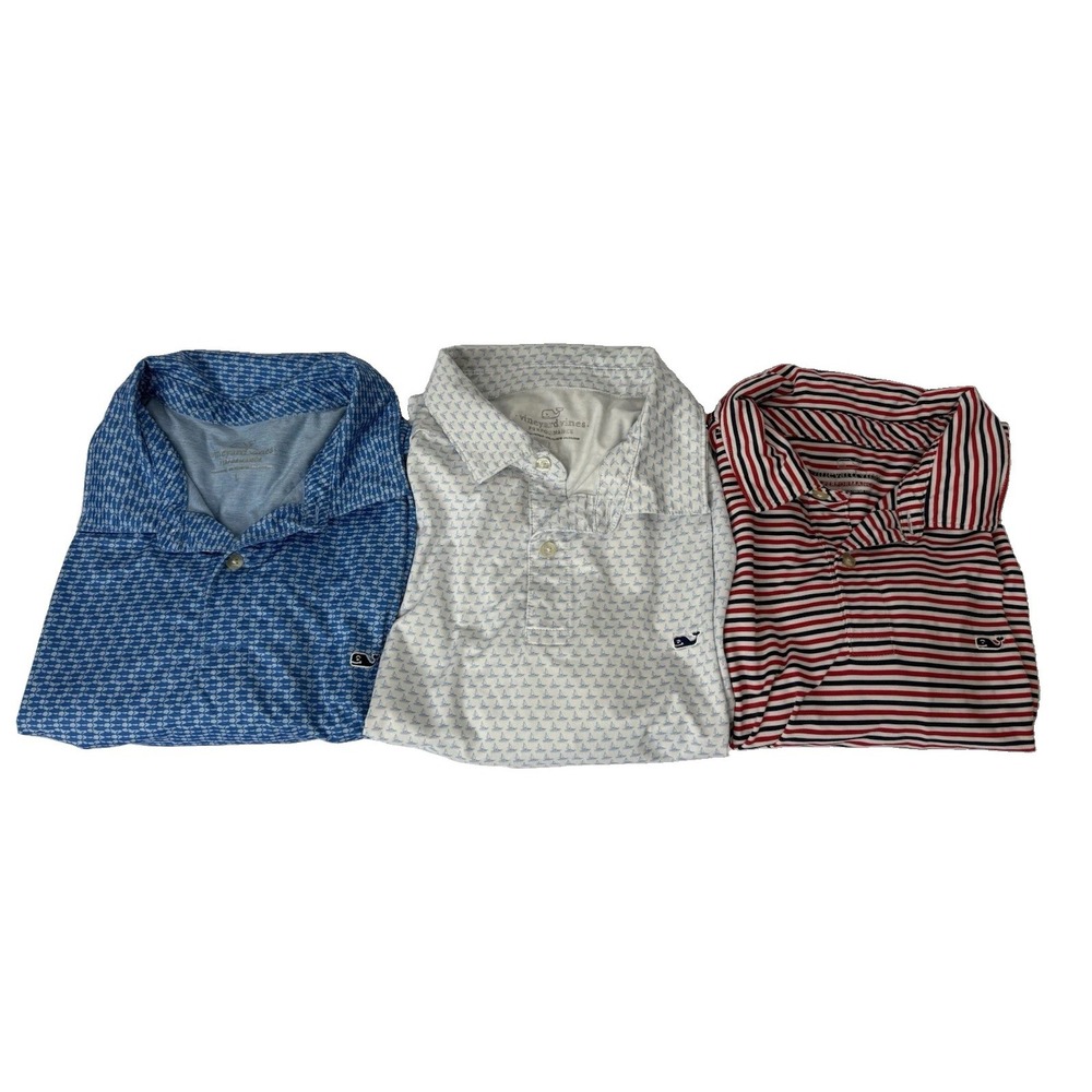 Lot of 3 Vineyard Vines Performance Polo Shirts Men L Striped Sailboat Geometric